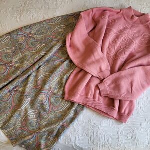 Vtg 80s Carriage Court Outfit Women Sz Small Pink Sweater Pastel Paisley Skirt